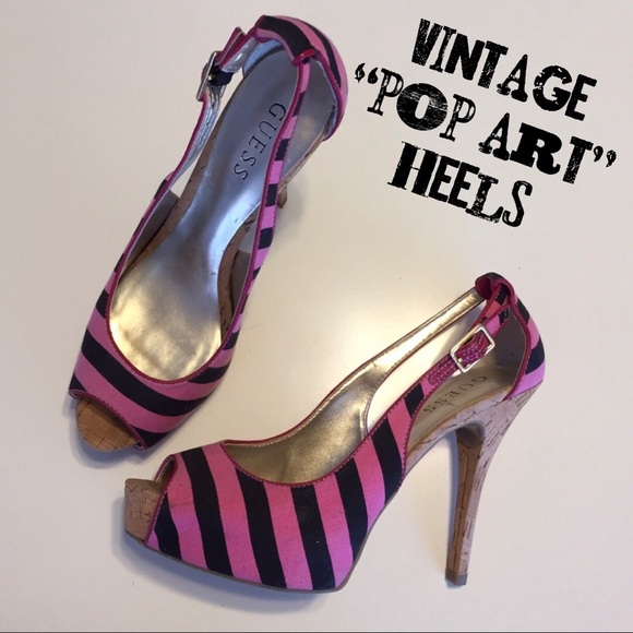Guess Shoes - Guess black/pink striped peep-toe heels